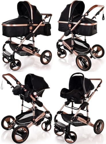 Baby Pram & Pushchair Travel System 3 in1 with Car Seat - Lightweight Folding Buggy Stroller for Newborns 0-36 Months (Black - Silver Frame) — view 4
