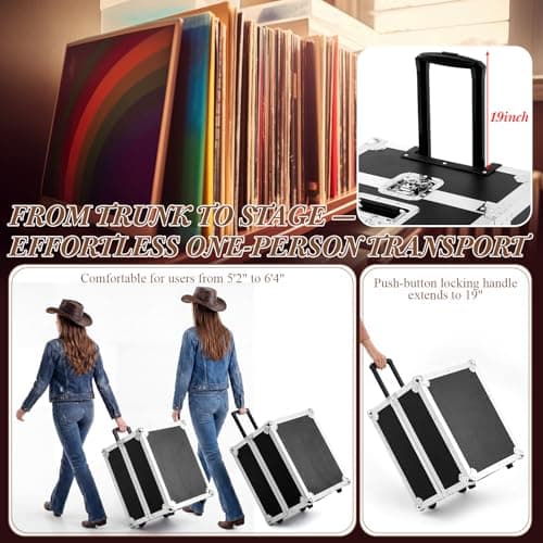 Dansydaisy Rolling Vinyl Record Case Holds up to 100 Lp Records Aluminum DJ Flight Case with Wheels Telescoping Handle Lockable Vinyl Record Storage Box with Foam Padded Interior for Collectors DJ — view 5