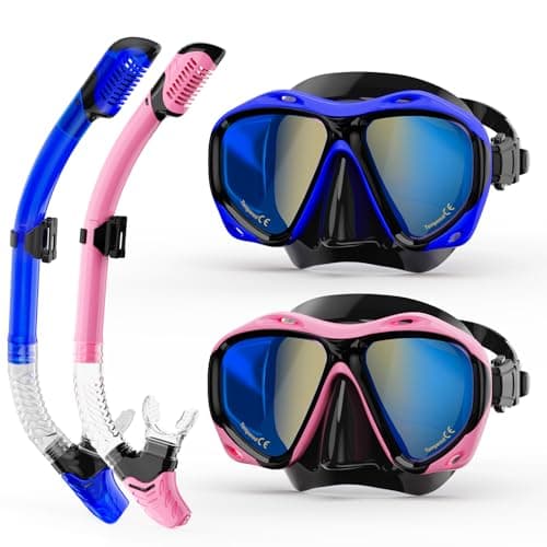 Snorkeling Gear for Adults, Snorkel Mask With Mirrored Tempered Glass Lens 180° Wide View Anti-Fog Scuba Diving Mask, Professional Snorkel Set for Swimming Diving (Blue+Pink)