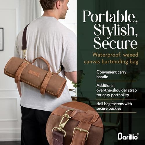 Barillio Bartender Kit Bag with Gold Cocktail Shaker Set - Waxed Canvas, Traveling Bar Tools Bag with 17-Pc Cocktail Kit - Travel Mixology Bartending Kits - Mobile Bar Roll with Strap & Accessories — view 5