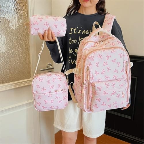 White Large Capacity Campus Backpack with Matching Meal Bag and Pencil Case Floral Print Lightweight Durable Casual Versatile Rucksack with Ergonomic Straps for School Outdoor Travel Daily Use Bookbag — view 2