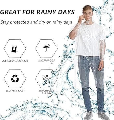 LEEPAT 5 Pack Ponchos Waterproof with Sleeves and Drawstring Hood, Thickened Portable Adult Emergency Disposable Waterproof Poncho Ideal for Festival Waterproofing, Camping, Theme Parks — view 2
