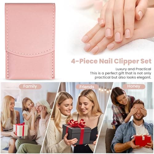 LOPHE Professional Manicure Set, 4pcs Portable Nail Clippers & Eyebrow Grooming Kit, Stainless Steel Nail Care Tools with Luxurious Leather Case for Travel & Home (Pink) — view 6