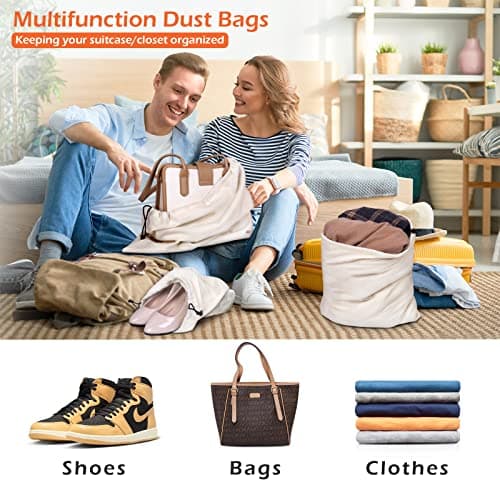 MISSLO Set of 3 Cotton Breathable Dust-Proof Drawstring Storage Pouch Multi-Functional Bag (Beige, Pack 3 XL) — view 6