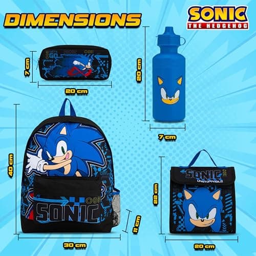 Sonic The Hedgehog Backpack 4 Piece School Set with Lunch Bag, Pencil Case & Water Bottle | Boys Rucksack with Padded Adjustable Straps – Back to School Supplies — view 2