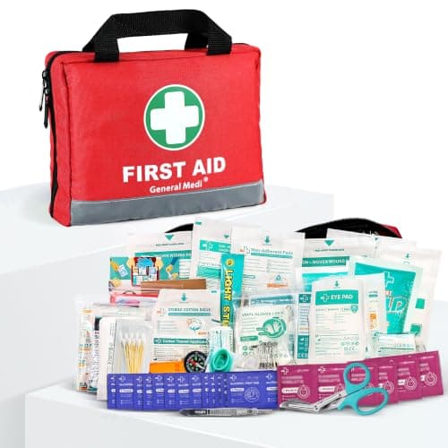 General Medi First Aid Kit -309 Pieces- Reflective Bag Design - Including Eyewash, Bandages, Moleskin Pad and Emergency Blanket for Travel, Home, Office, Car, Camping, Workplace