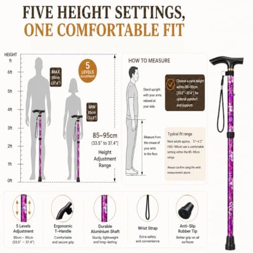 Hataf Adjustable Walking Stick 84cm-92cm, Folding Walking Sticks for Women/Ladies, also for Men, Mobility Aids, Walking Sticks with Rubber Ends (Purple Flowers) — view 6
