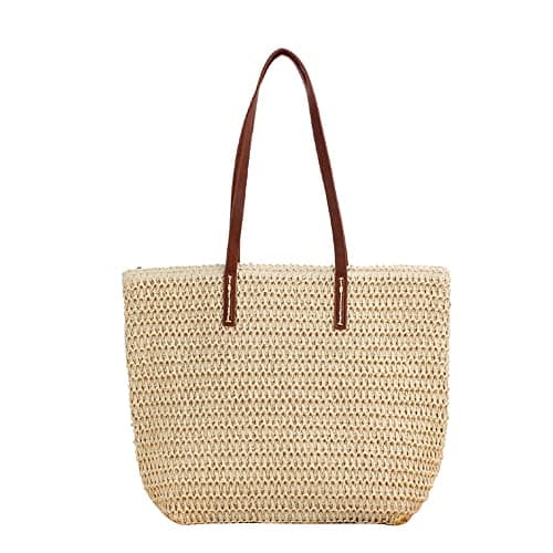 Hsthe Sea Women's Hand-woven Straw Shoulder Bag Large Summer Beach Leather Handles Handbag Tote with Zipper (beige)