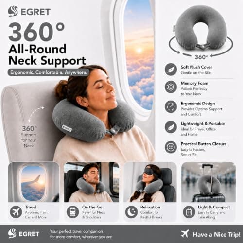 Egret Memory Foam Travel Neck Pillow, 360° Head, Neck & Chin Support, 2-Level Adjustable Neck Pillow for Travel with Removable Washable Cover, for Long Flights (Grey) — view 3