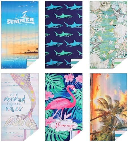Casa Platino Beach Towels 6-Pack Extra Large – 32"x71" Sand-Free, Quick-Dry & Lightweight – Double-Sided Printed Pool, Swim & Travel Towels for Adults, Kids, Camping & Beach Essentials – Henley