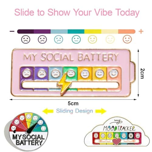11PCS Social Battery-Powered Badge & Brooch Set, Interactive Mood Pins with 7 Sliding Expressions, Creative Enamel Lapel Pin Badges Funny Social Battery Pin for Backpacks Clothes Hats Bags Decor — view 2