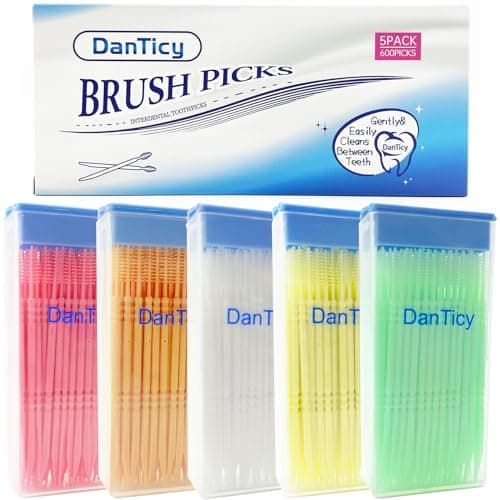 DanTicy Brushpicks Interdental Toothpicks,Soft Bristle Dental Floss Picks Toothpicks,Helps Removes Plaque and Debris Between Your Teeth 600PCS (Pack of 5) Mixed Flavors