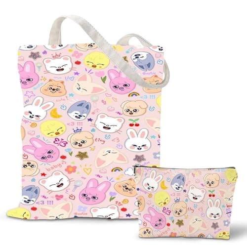 Onperpoe Stray Merch Canvas Tote Bag with SKZ Makeup Bag, Kpop Skzoo Gifts for Stray Girls Fans Reusable Shopping Bag for Concert Travel School Picnic Work