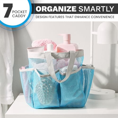 Handy Laundry Mesh Shower Caddy - 7 Pocket Portable Bathroom Organizer Tote for Travel, Gym & Dorm - Collapsible Small Shower Caddy Bag to Hold Toiletries & Essentials (Blue) — view 5