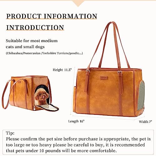 Lasaviin Leather Carrier Bag for Small Dogs Cats Puppies Airline Approved Brown — view 2