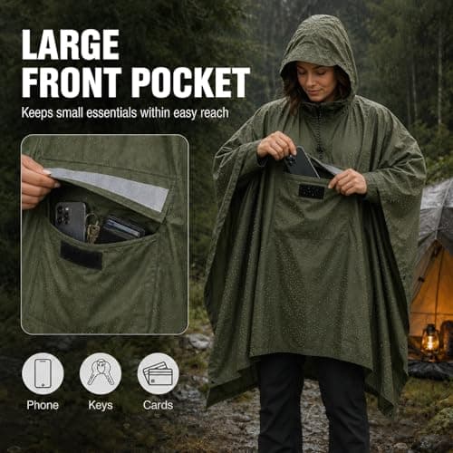 NWDEY Waterproof Poncho for Adults – Reusable Lightweight Rain Poncho with Reflective Strips & Front Pocket, Outdoor Raincoat for Camping, Hiking & Travelling (Green) — view 6