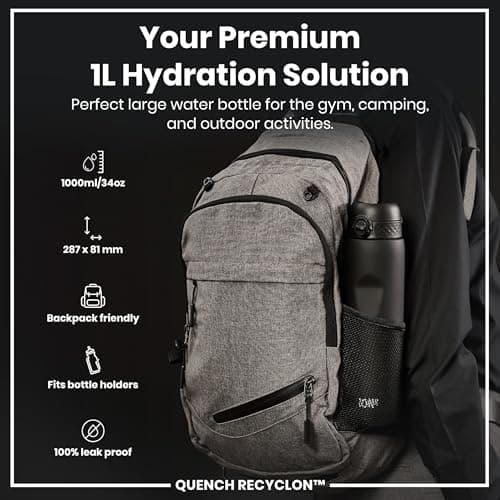 ION8 1 Litre Water Bottle, Leak Proof, Flip Lid, Carry Handle, Rapid Hydration, Dishwasher Safe, BPA Free, Contoured Grip, Ideal for Travel, Gym & Activity, Carbon Neutral Recyclon, 32 oz, Black — view 2