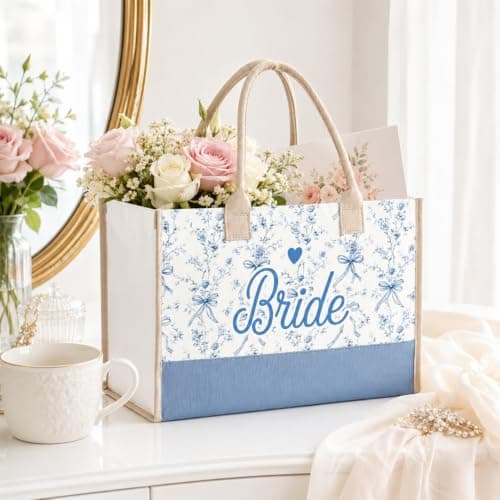 Snowvian Bride Tote Bag, Canvas Tote Bags, Bride to Be Bag for Hen Party Bridal Shower Wedding, Suitable for Travel Beach Holiday Daily Use (White blue) — view 3