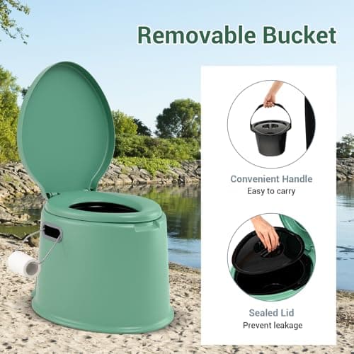 COSTWAY 5L Portable Travel Toilet with Seat, Handle, Lid and Roll Holder, Outdoor Indoor Lightweight Compact Toilet for Hiking, Fishing, Camping Festivals Use, Hold Up to 200kg (Green) — view 4