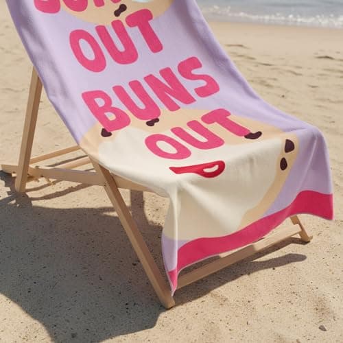 OHS Large Beach Towel, Suns Out Buns Out Slogan Super Soft Quick Dry Sand Free Microfibre Beach Towel Lightweight Compact Travel Summer Essentials Holiday Towels, Lilac - 71 x 152cm — view 2
