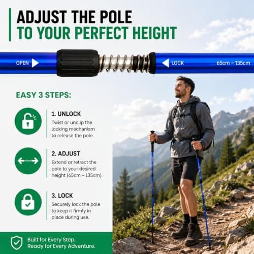 ALAYSTAR 1 Pair Telescopic Hiking Poles Adjustable 65-135cm Aluminium Alloy Walking Sticks with PVC Grip Handles, Wrist Straps, Mud Baskets and Antishock System for Hiking, Trekking and Walking — view 3