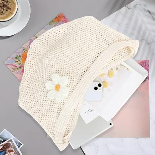 Hittriu Crochet Beach Bags for Women, Hollow Crochet Mesh Tote Bag, Coffee Hobo Beach Shoulder Bag Handbag for Seaside Holiday Travel Daily Shopping (Off White) — view 2