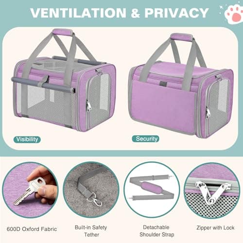 BTNEEU Soft Sided Cat Carrier Bag Airline Approved Large Pet Carrier Portable Dog Carrier Ventilated Foldable Pet Travel Carriers Bag For Cats/Small Dog With Shoulder Strap & Washable Mat (Purple) — view 5