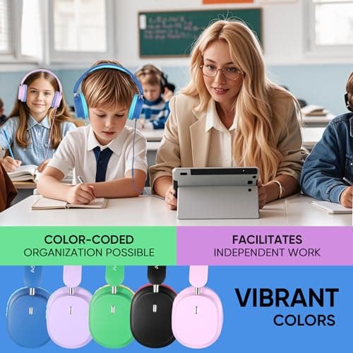 A+ Scholars Kids Headphones Bulk 5 Pack for School, HD Mic Stereo Sound Over-Ear Headphones for Classroom, Comfortable Fit, Foldable, 3.5mm Jack Wired Headphones for Kids ipad Tablets Computer Travel — view 2
