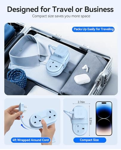 ORICO Travel Extension Lead with USB Slots, 2 Outlets 3 USB Ports (1 USB C), 3250W 13A Socket Extensions, Rollable Extension Cord for Travel/Home/Office, Essentials Cruise Approved Power Strip - Blue — view 3