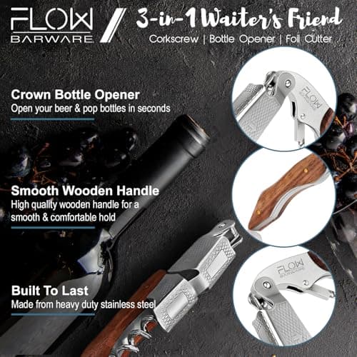 FLOW Barware Waiters Friend 3-in-1 Corkscrew Wine Bottle Opener with Foil Cutter | Professional Wine Opener & Cork Screw for Restaurant, Bar, Home | Sommelier Multi-Tool — view 5