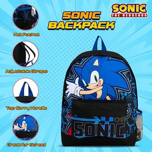 Sonic The Hedgehog Backpack 4 Piece School Set with Lunch Bag, Pencil Case & Water Bottle | Boys Rucksack with Padded Adjustable Straps – Back to School Supplies — view 3