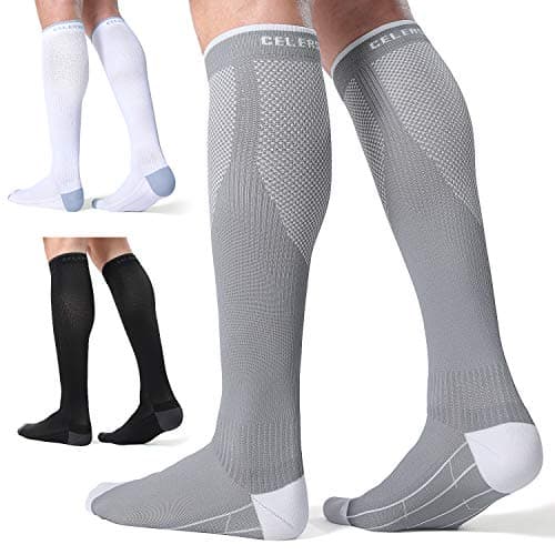 CS CELERSPORT 3 Pairs Compression Socks for Women and Men 20-30 mmHg Travel Flight Socks Knee High Socks（White/Black/Grey），Small/Medium