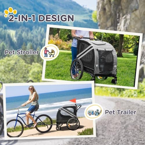PawHut Dog Bike Trailer 2 in 1 for Medium Dogs 134L x 60W x 101H cm Grey — view 3