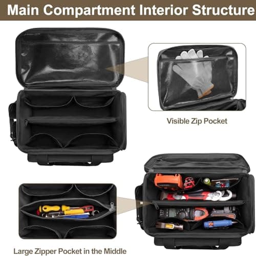 Sharplace Tool Bag, Heavy Duty Portable Large Capacity Electrician Tools Storage Bag with Adjustable Shoulder Strap Wide Mouth Multi-pouch Tool Organiser for Outdoor Plumber Carpenter Mechanic, Black — view 3