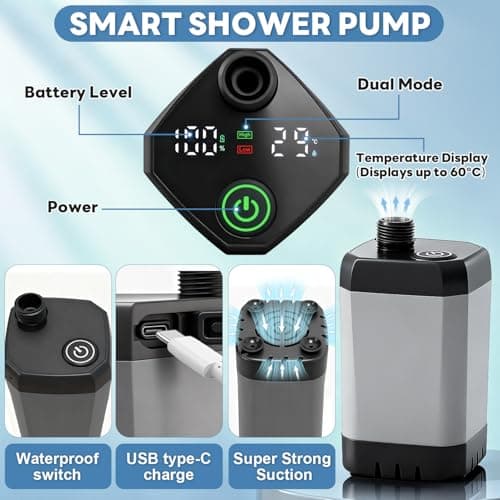 FOTSHARER Portable Shower for Camping with Shower Head 3 Spray Modes, 6000mAh Rechargeable Shower Pump with LED Display Foldable Bucket Outdoor Showering for Hiking RV Car Travel Pet — view 2