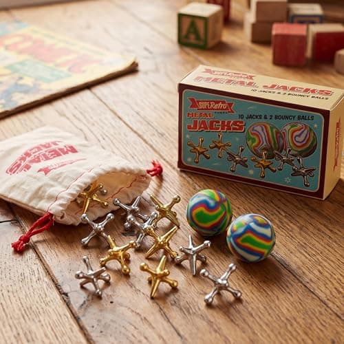 The Magic Toy Shop Retro Jacks Game Set with Balls - Classic Knucklebones Fivestones with 10 Metal Pieces & 2 Bouncy Balls, Traditional Skill Toy - Travel Play, Party Bag Fillers, Kids & Adults — view 2