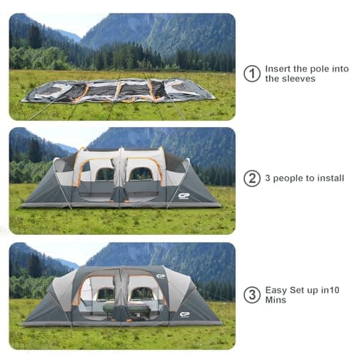 CAMPROS CP 12-Person Family Tent, 3-Room Tunnel Camping Tent, Waterproof — view 3