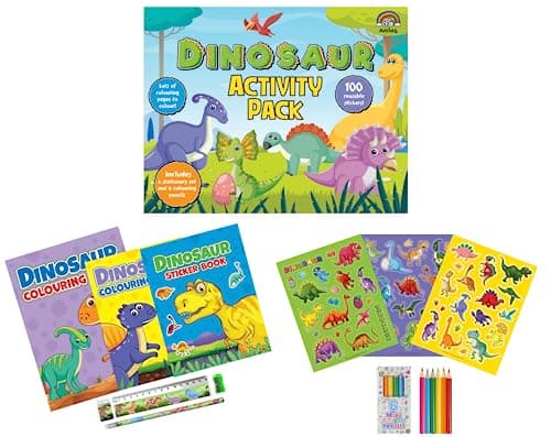 Anila's Dinosaur Activity Pack with Colouring Books, Sticker book, Stationery Set, Colouring Pencils & 100 Reusable Stickers.(Perfect for children aged 3-8).
