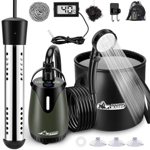 WADEO Portable Camping Shower, Hot Water, 10 Days Runtime, 20L Bucket