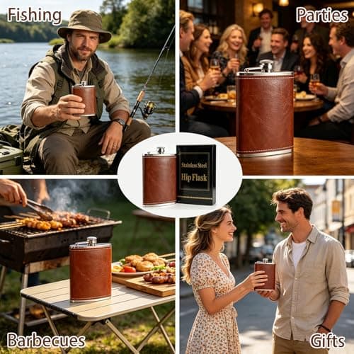 Stainless Steel Hip Flask, 8 oz Flask Alcohol Leak-Proof Portable Pocket Whisky Flasks with Brown Leather Surface for Men & Women Camping, Climbing, Travel and Gifting — view 6