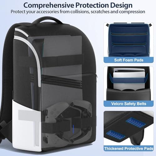 Rysker PS5/ Slim/ Pro Console Backpack, PS5 Travel Bag with Full Protection, Large Capacity PS5 Carry Bag, PS Portal, Laptop, Game Card, PlayStation 5 Backpack with 3 Cable Pockets-White — view 3