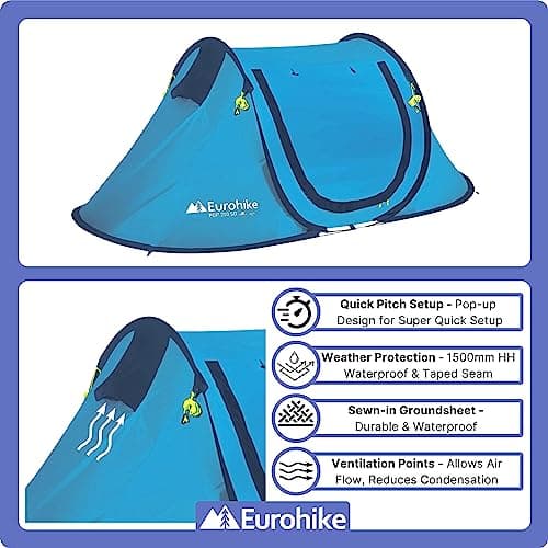 Eurohike Pop 200 Tent for 2 People with Sewn in Groundsheet, 2 Man, Easy to Pitch, Pop-Up Design, Lightweight (Blue) — view 5