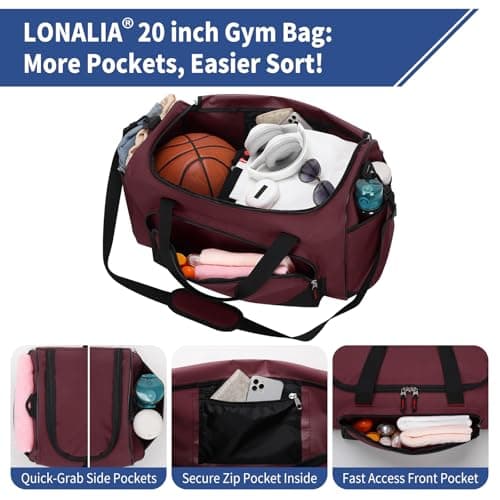 LONALIA 45L Sports Holdall Bags for Men, Gym Duffle Bag, Burgundy — view 3