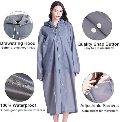 Cosowe Rain Poncho Raincoats for Adults, 2 Pack Reusable Rain Jacket with Hoods and Sleeves, Portable Waterproof for Emergency, Outdoors, Camping, Disney, Gray — view 3