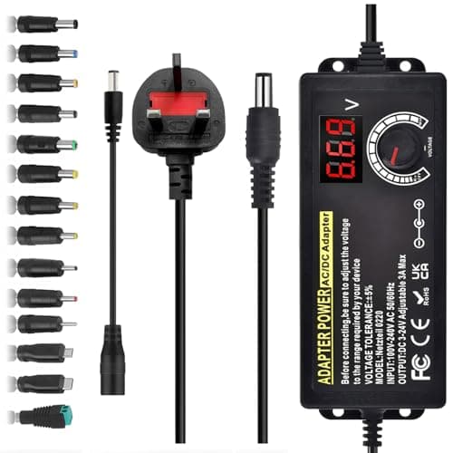 3A 72W Universal Power Supply Adapter: Adjustable Variable AC/DC Adapter Charger 100V-240V AC to DC 3V~24V Converter with LED Voltage Display 14 Tips and Polarity Converter for Electronics (Black)