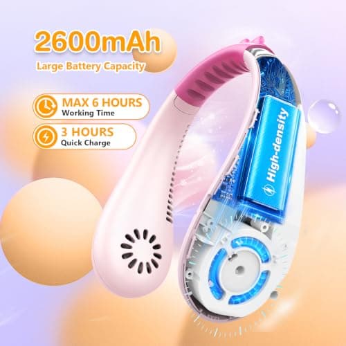 Kkdi Kids Neck Fan, Portable Bladeless Fan for Kid 4-14Y Girls & Boys, 2600mAh USB Personal Mini Fan Cooling Fan for Travel/Camping/Study, 4 Speeds, Lightweight, Compact, Perfect Summer Gifts for Kids — view 3