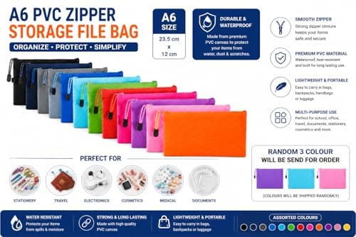 A6 PVC Canvas Storage Zipper File Bag Handbag Plastic Zip Wallet File Mesh Bags Storage Document Folder Waterproof Pouch School Office Travel (Size :23.5 cm X 12 cm) (A6 (Pack of 3)) — view 2