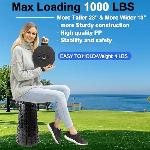 ALEVMOOM 2026 Upgraded XXL Collapsible Stool with Cushion & Bag, Higher 23.2"/59cm Heavy Duty Telescoping Stool Max Load 1000 lbs, Portable Retractable Folding Seat Chair for Camping Travel — view 3