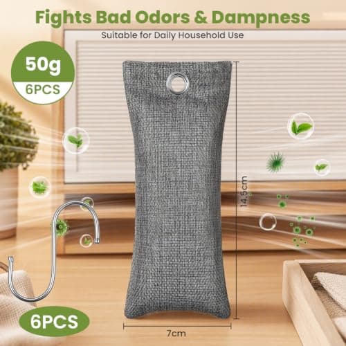 vsshe Bamboo Charcoal Air Purifying Bags 6Pack, 6x50g Natural Activated Deodorize Bags, Removes Odors and Moisture, Activated Charcoal Shoe Odour Absorber, Air Freshener for Home,Car Pets Room,Closet — view 2