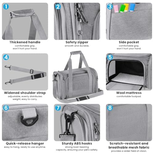 vsshe Soft Sided Cat/Pet/Dog Carrier Bag, Portable Foldable Pets Travel Carriers for Cats Dogs Pets with Shoulder Strap Removable Mat, Comfort Cat Basket, up to 10lbs, Airline Approved Grey — view 4